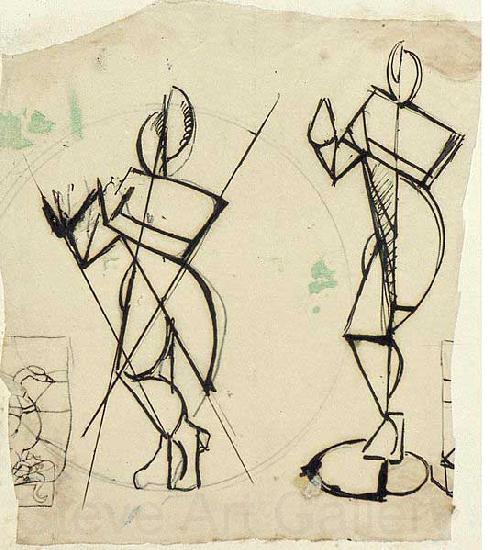 Theo van Doesburg Two sketches of Krishna playing a flute, seen from the front.